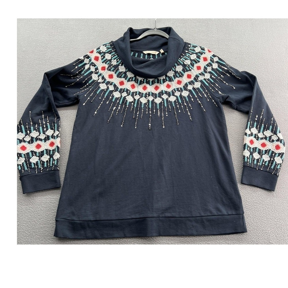 Soft Surroundings Sweater Women's Sz P M Navy Blue Embroidered Sequin Cowl Neck